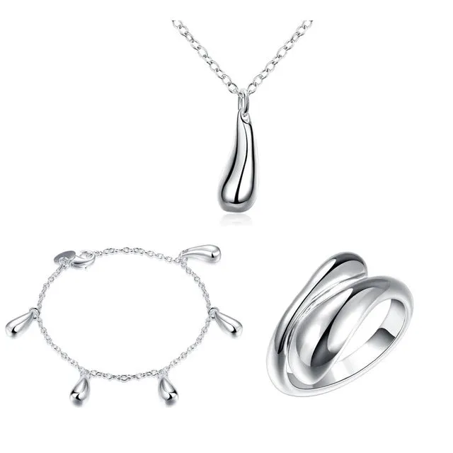 Big Promotion S222 Silver Color Water Drop Jewelry Sets Ring Necklace Bangle Earrings Women 925 Stamped Jewellry
