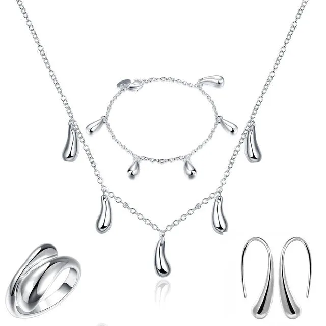 Big Promotion S222 Silver Color Water Drop Jewelry Sets Ring Necklace Bangle Earrings Women 925 Stamped Jewellry