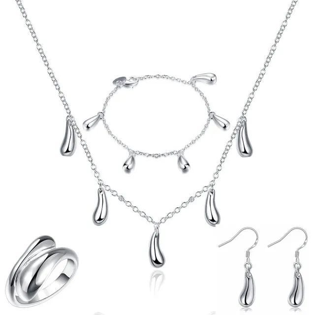 Big Promotion S222 Silver Color Water Drop Jewelry Sets Ring Necklace Bangle Earrings Women 925 Stamped Jewellry