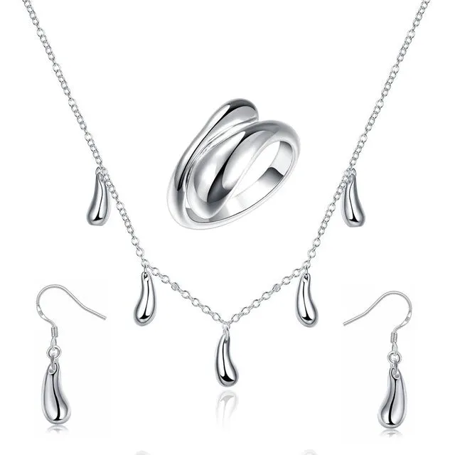 Big Promotion S222 Silver Color Water Drop Jewelry Sets Ring Necklace Bangle Earrings Women 925 Stamped Jewellry