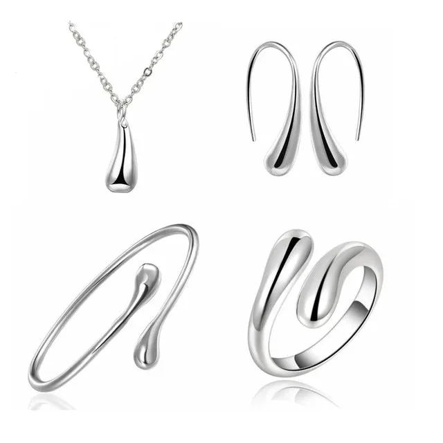 Big Promotion S222 Silver Color Water Drop Jewelry Sets Ring Necklace Bangle Earrings Women 925 Stamped Jewellry