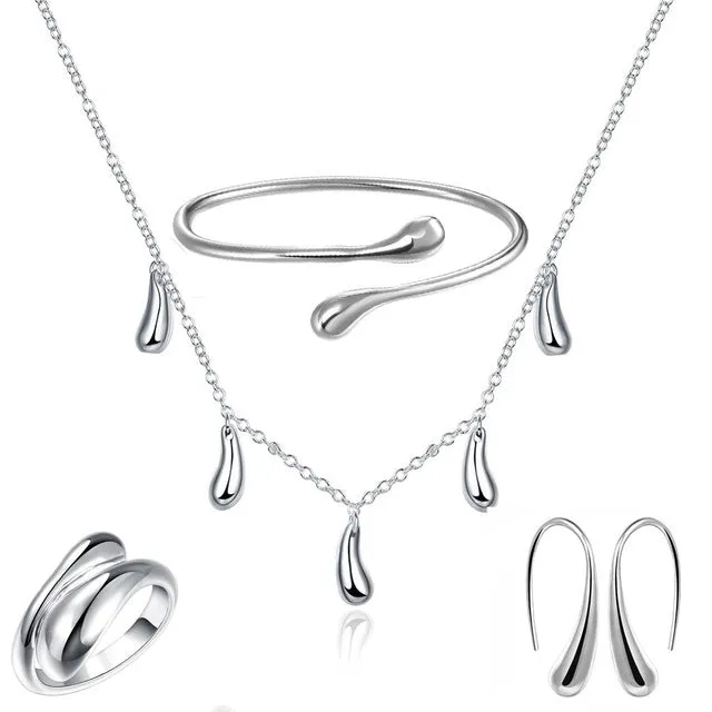 Big Promotion S222 Silver Color Water Drop Jewelry Sets Ring Necklace Bangle Earrings Women 925 Stamped Jewellry
