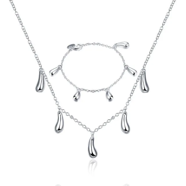 Big Promotion S222 Silver Color Water Drop Jewelry Sets Ring Necklace Bangle Earrings Women 925 Stamped Jewellry