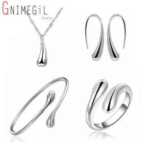 Big Promotion S222 Silver Color Water Drop Jewelry Sets Ring Necklace Bangle Earrings Women 925 Stamped Jewellry