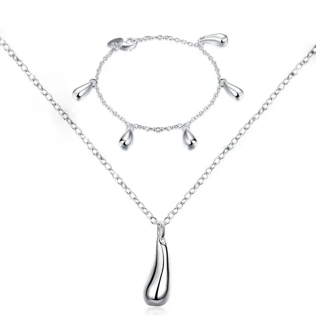 Big Promotion S222 Silver Color Water Drop Jewelry Sets Ring Necklace Bangle Earrings Women 925 Stamped Jewellry