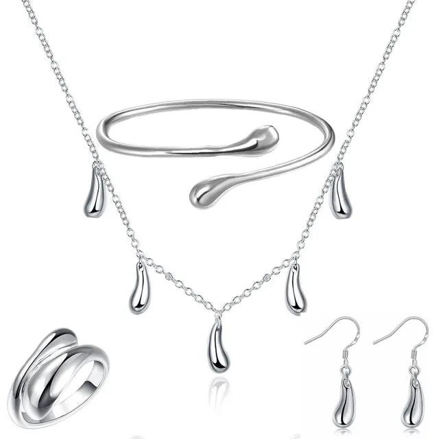Big Promotion S222 Silver Color Water Drop Jewelry Sets Ring Necklace Bangle Earrings Women 925 Stamped Jewellry