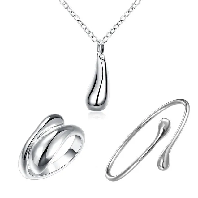 Big Promotion S222 Silver Color Water Drop Jewelry Sets Ring Necklace Bangle Earrings Women 925 Stamped Jewellry