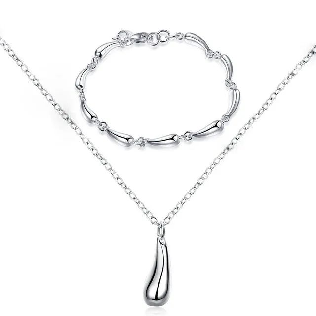 Big Promotion S222 Silver Color Water Drop Jewelry Sets Ring Necklace Bangle Earrings Women 925 Stamped Jewellry