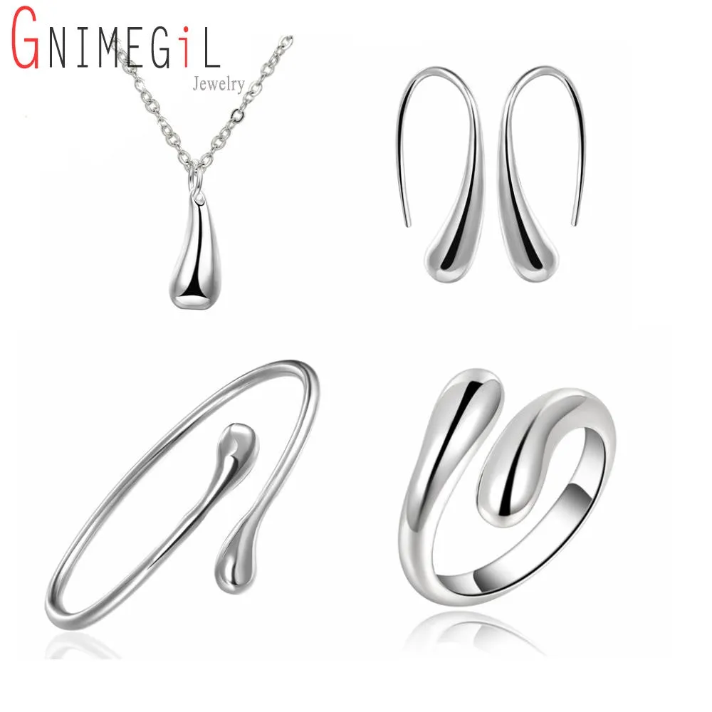 Big Promotion S222 Silver Color Water Drop Jewelry Sets Ring Necklace Bangle Earrings Women 925 Stamped Jewellry