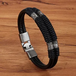 Black Leather Bracelet with Antiqued Metal- Men's Bracelet