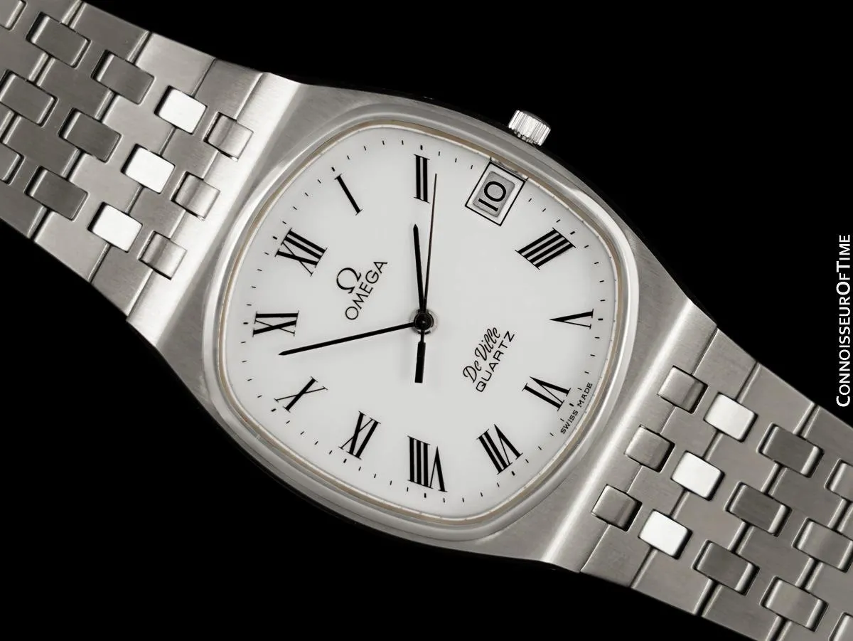 c. 1980 Omega De Ville Classic Retro Mens Accuset Watch Buckley Dial, Quick-Setting Hour - Stainless Steel