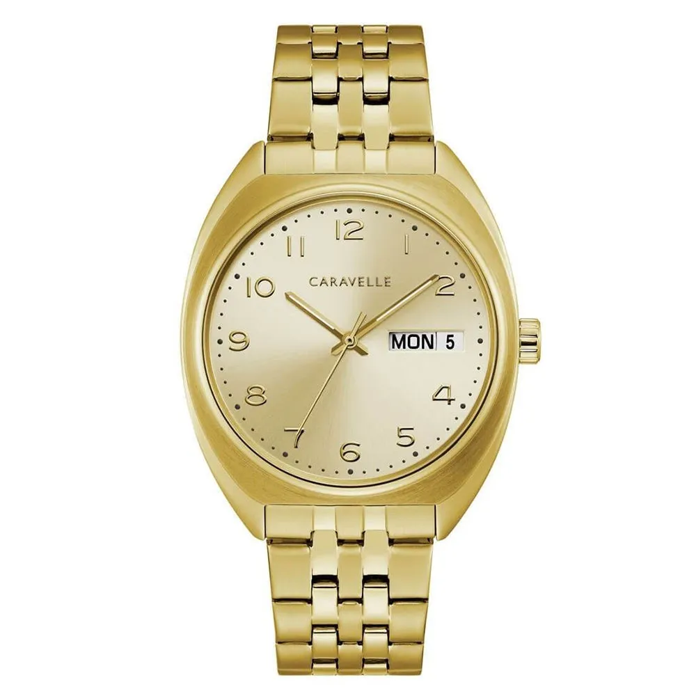 Caravelle Dress Mens Gold Tone Steel Bangle Bracelet Band Gold Quartz Dial Watch - 44C110