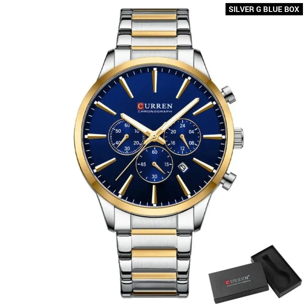 Casual Sport Watches Men's Quartz Chronograph Stainless Steel Bracelet Wristwatches with Date Male Clock
