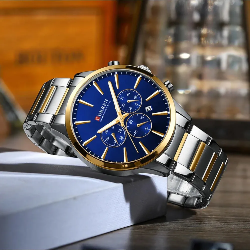 Casual Sport Watches Men's Quartz Chronograph Stainless Steel Bracelet Wristwatches with Date Male Clock