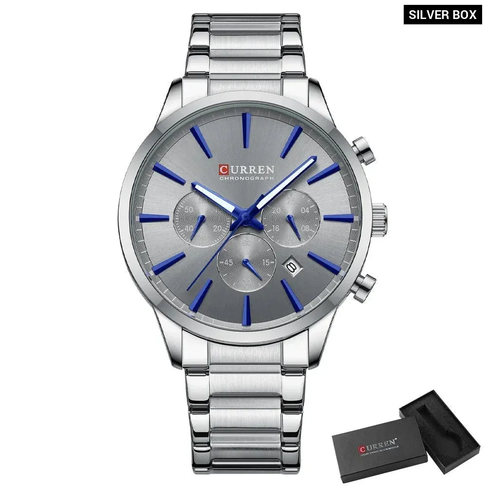 Casual Sport Watches Men's Quartz Chronograph Stainless Steel Bracelet Wristwatches with Date Male Clock