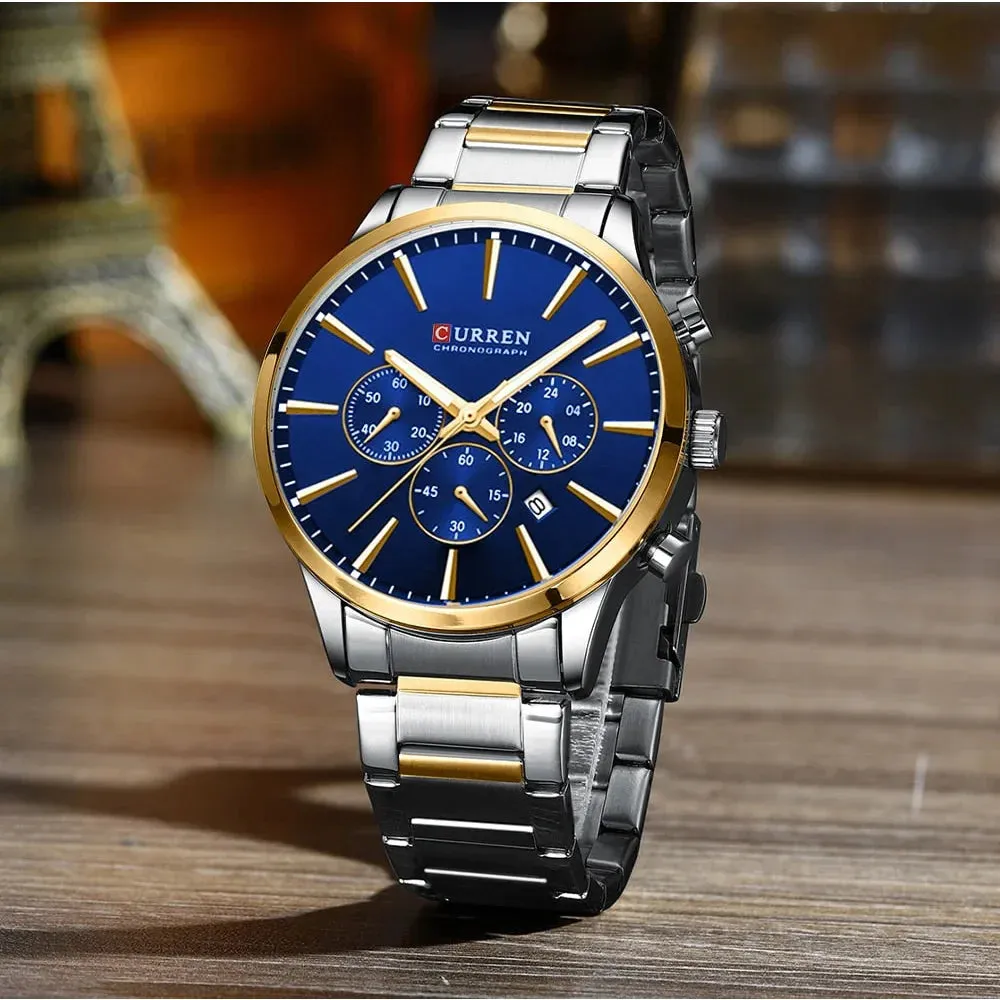 Casual Sport Watches Men's Quartz Chronograph Stainless Steel Bracelet Wristwatches with Date Male Clock