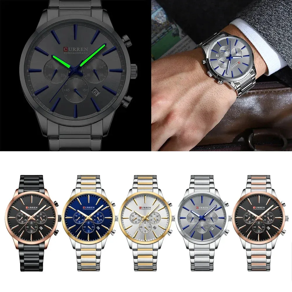 Casual Sport Watches Men's Quartz Chronograph Stainless Steel Bracelet Wristwatches with Date Male Clock