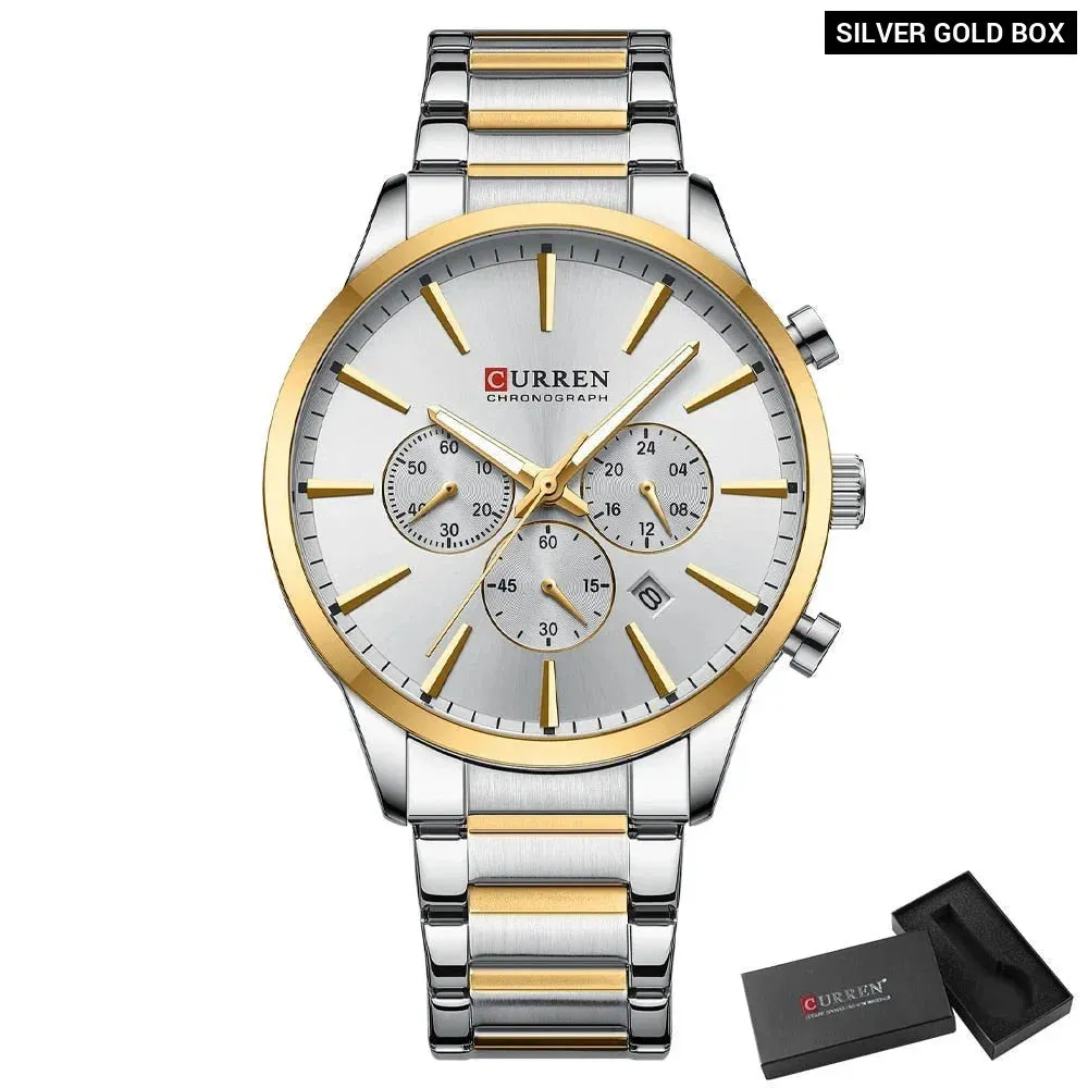 Casual Sport Watches Men's Quartz Chronograph Stainless Steel Bracelet Wristwatches with Date Male Clock
