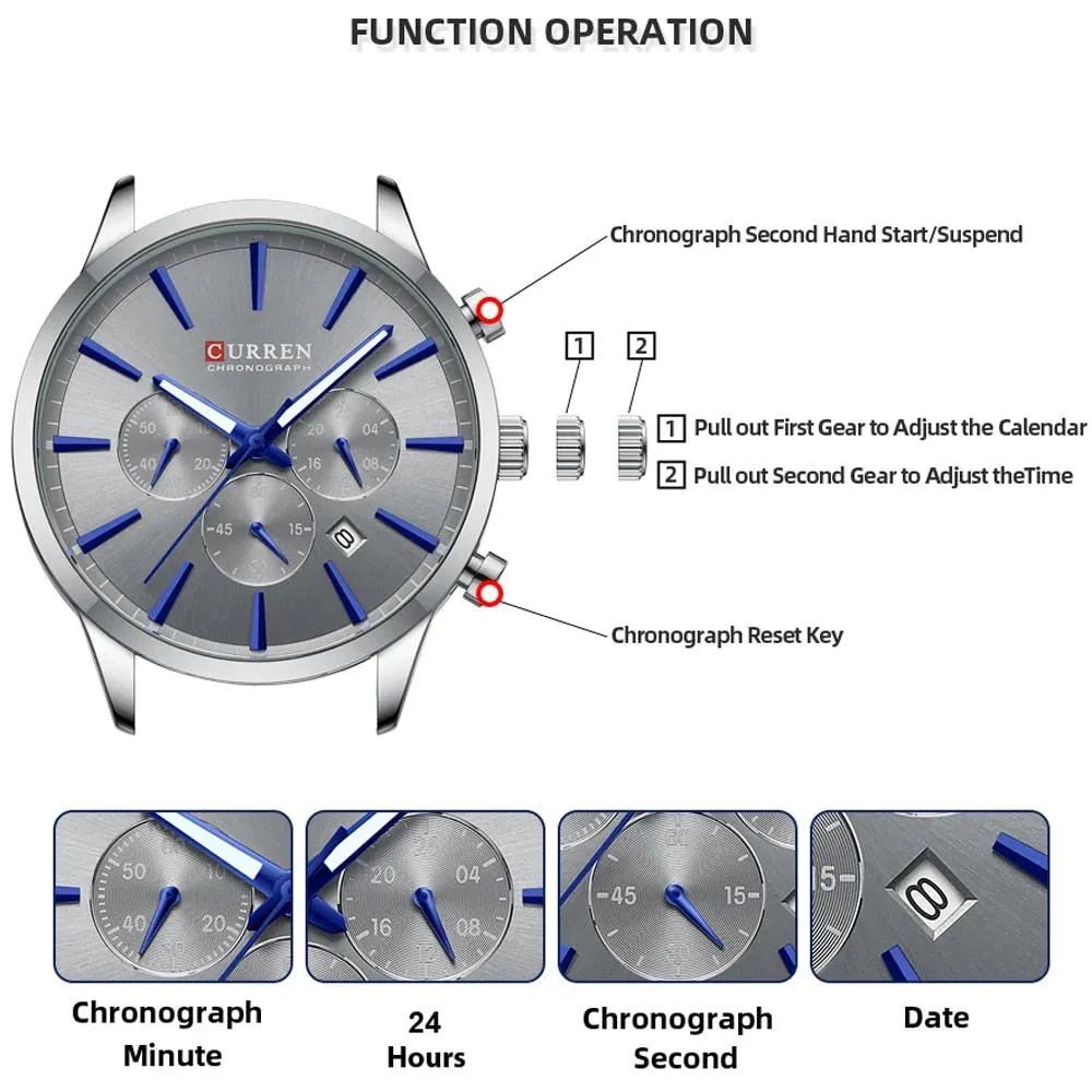 Casual Sport Watches Men's Quartz Chronograph Stainless Steel Bracelet Wristwatches with Date Male Clock