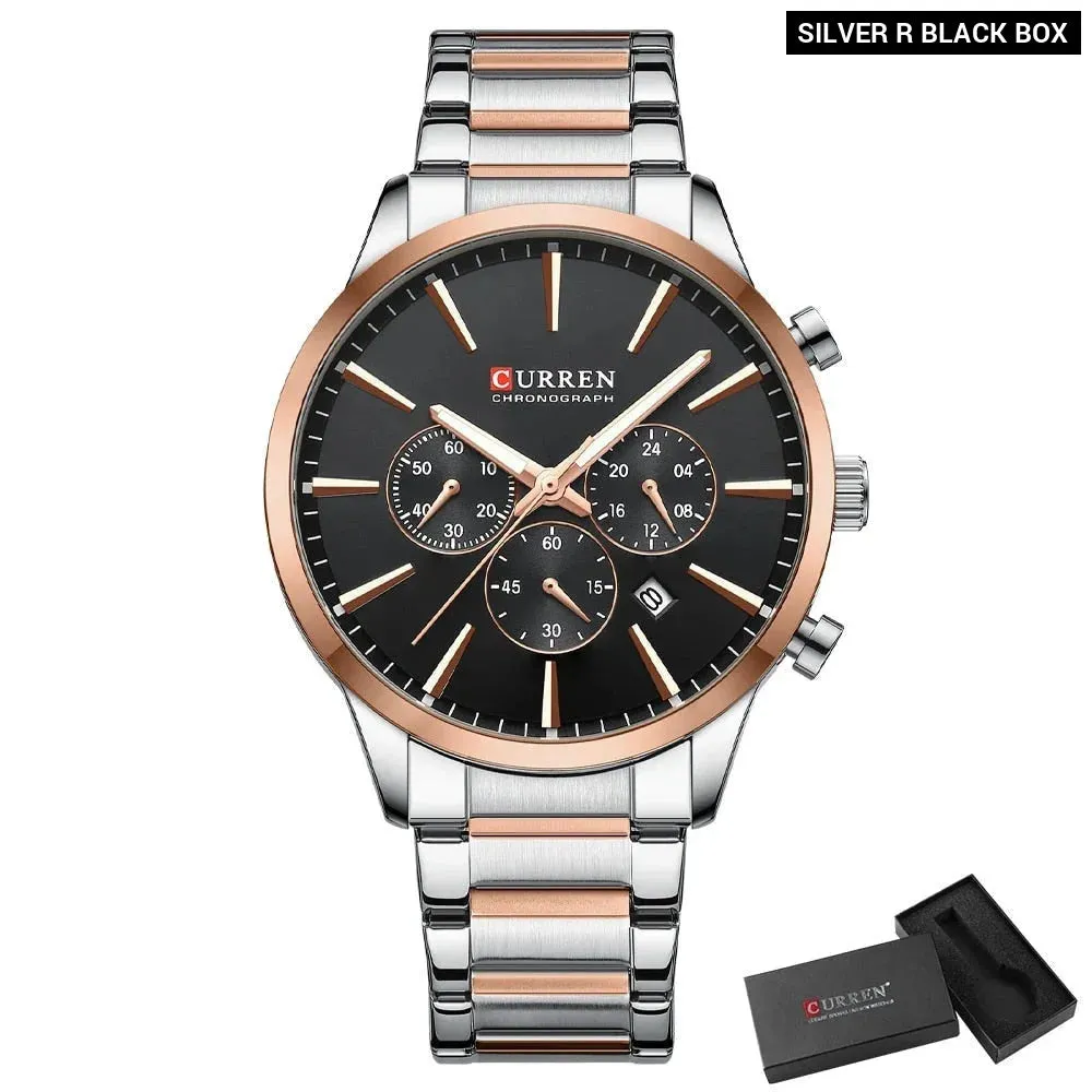 Casual Sport Watches Men's Quartz Chronograph Stainless Steel Bracelet Wristwatches with Date Male Clock