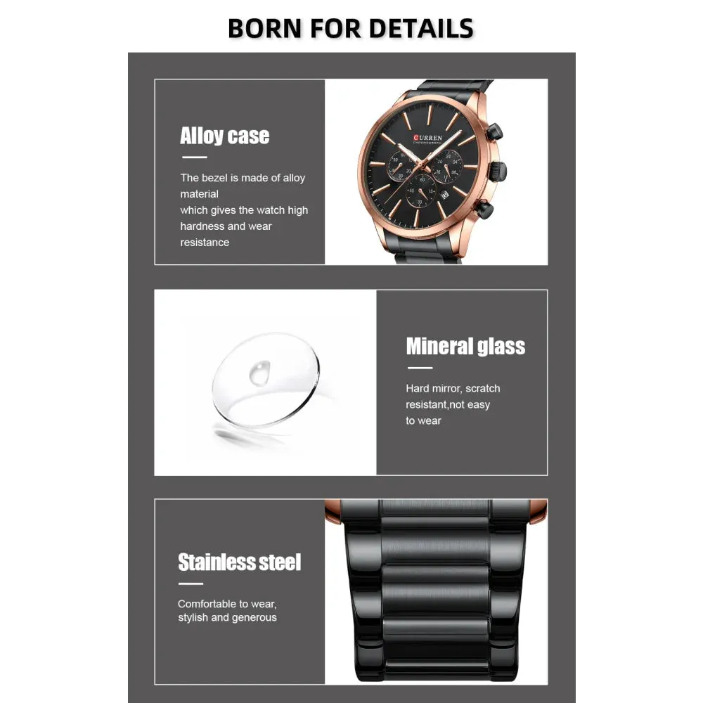 Casual Sport Watches Men's Quartz Chronograph Stainless Steel Bracelet Wristwatches with Date Male Clock
