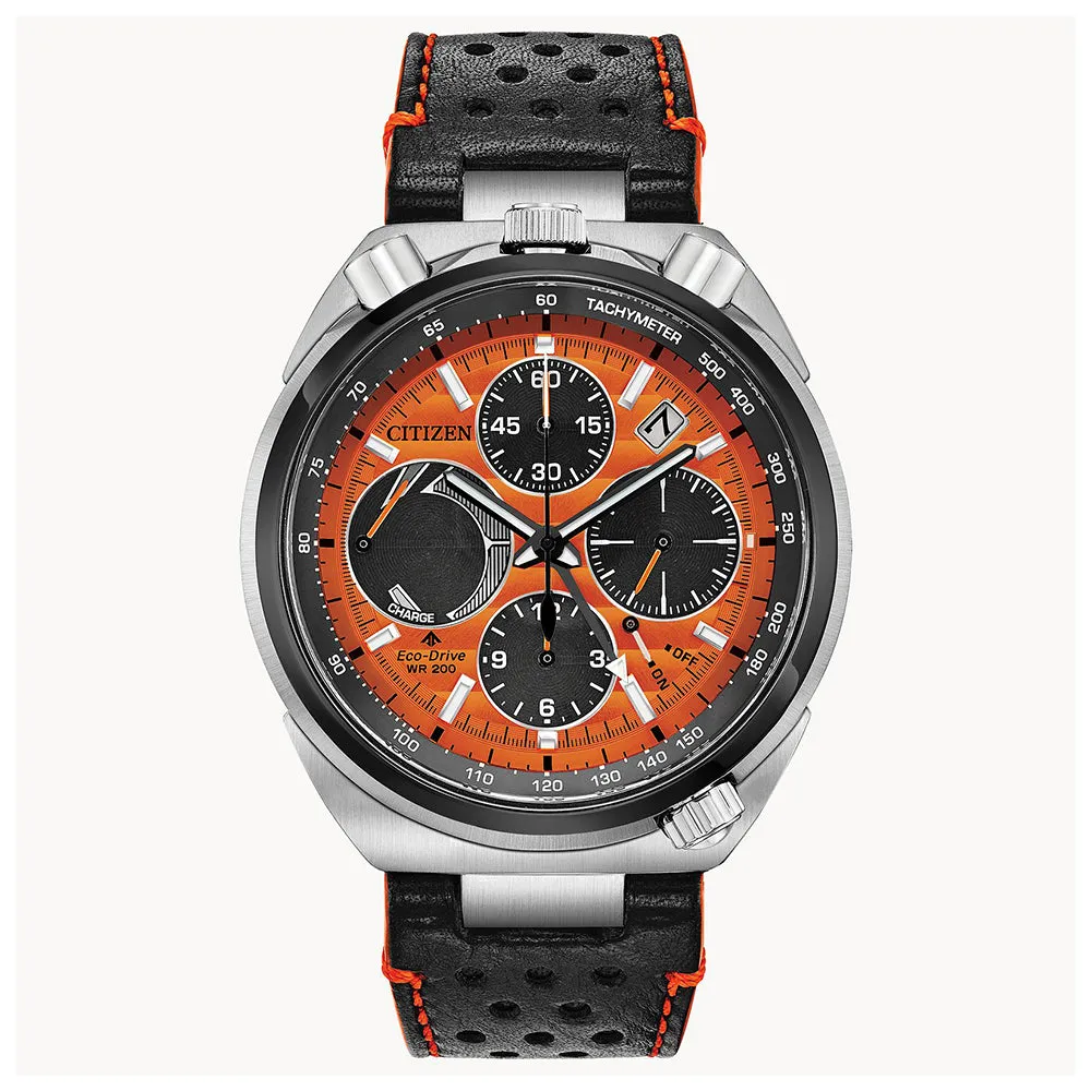 Citizen Eco-Drive Mens Black Leather Band Orange Quartz Dial Watch - AV0078-04X