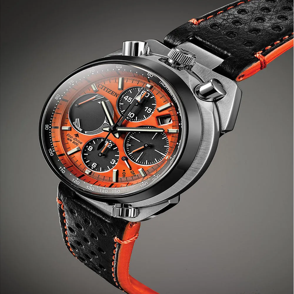 Citizen Eco-Drive Mens Black Leather Band Orange Quartz Dial Watch - AV0078-04X