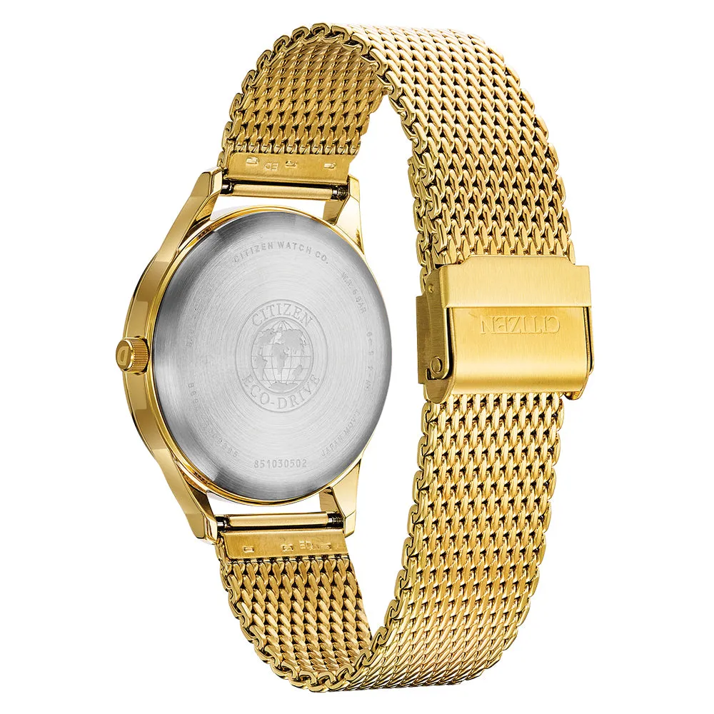 Citizen Eco-Drive Mens Gold-Tone Mesh Stainless Steel Band Black Dial Watch - BV1112-56E
