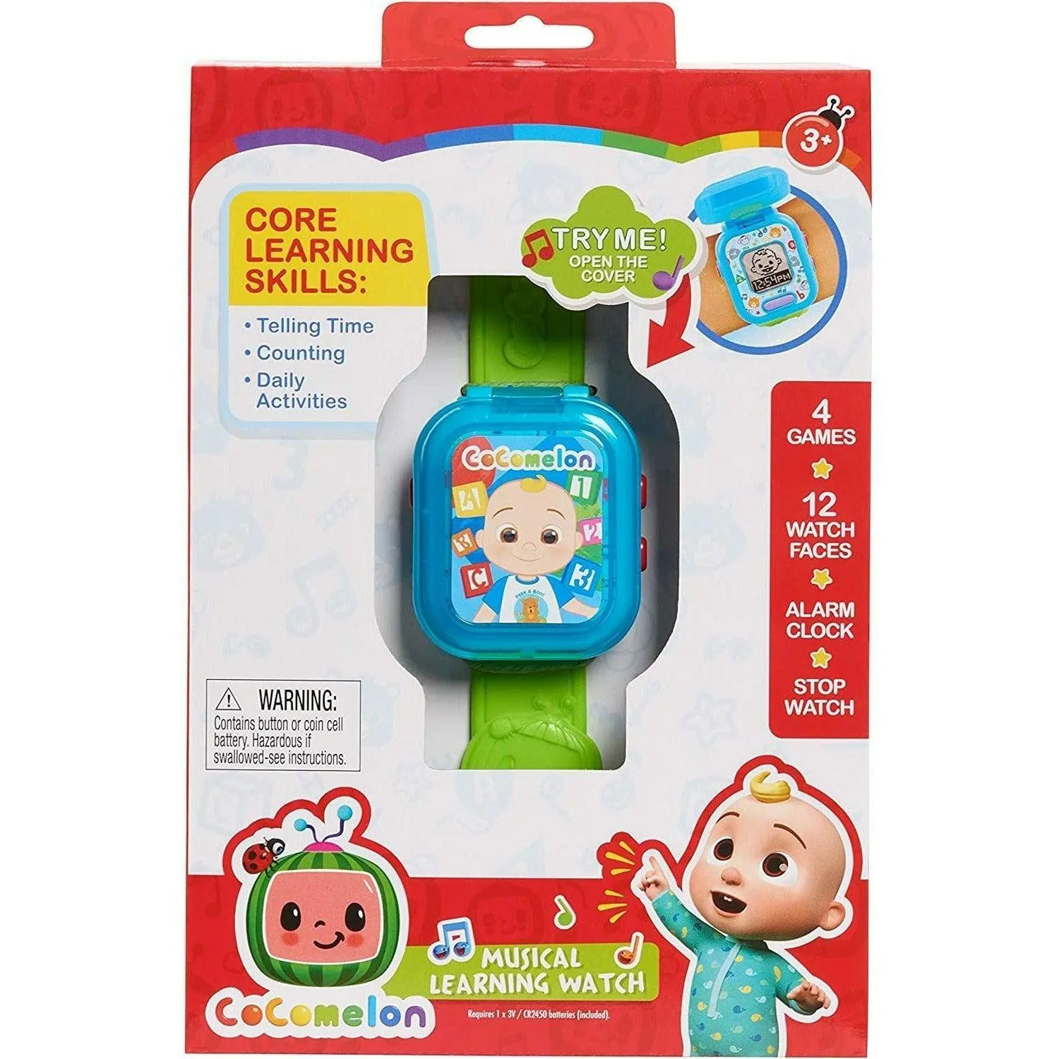 CoComelon JJ’s Learning Smart Watch Toy for Kids with 3 Education-Based Games, Alarm Clock, and Stop Watch