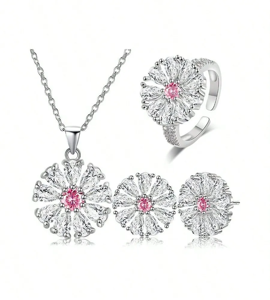 Designer flower necklace|Fashionable Pink Cubic Zirconia Flower Design Necklace