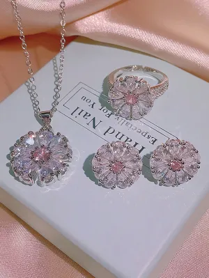 Designer flower necklace|Fashionable Pink Cubic Zirconia Flower Design Necklace