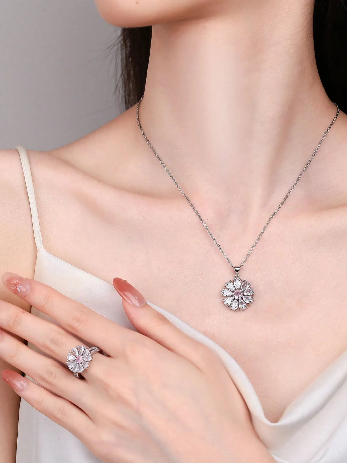 Designer flower necklace|Fashionable Pink Cubic Zirconia Flower Design Necklace