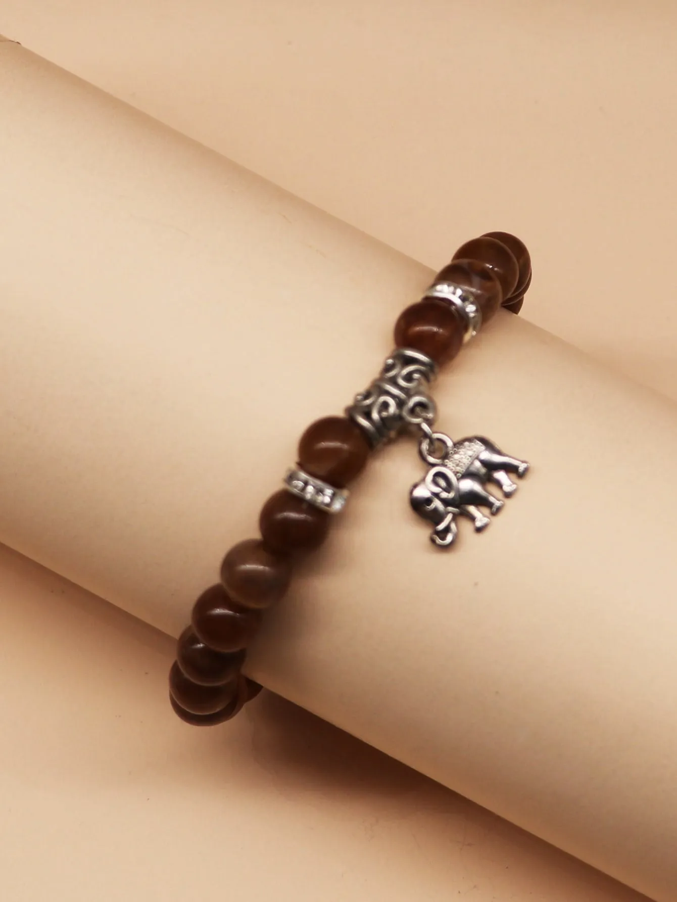 Elephant CharmBrown Beaded Bracelet for Women Men Crafted Jewelry Stackable