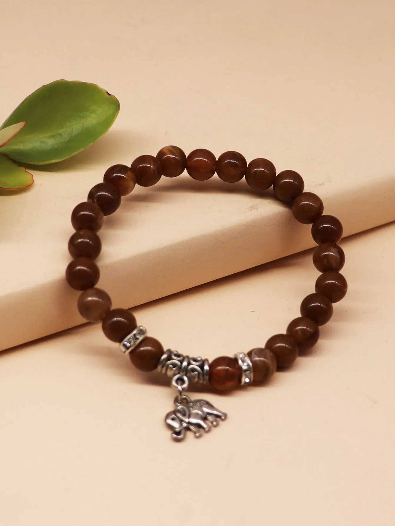 Elephant CharmBrown Beaded Bracelet for Women Men Crafted Jewelry Stackable