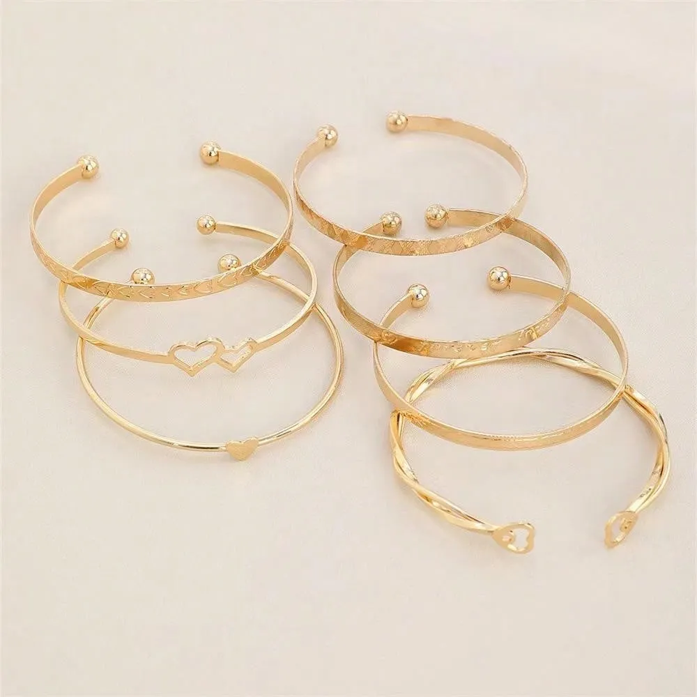 Fashionable Love Heart & Twisted Gold Tone Bangle Bracelets 7pcs/set