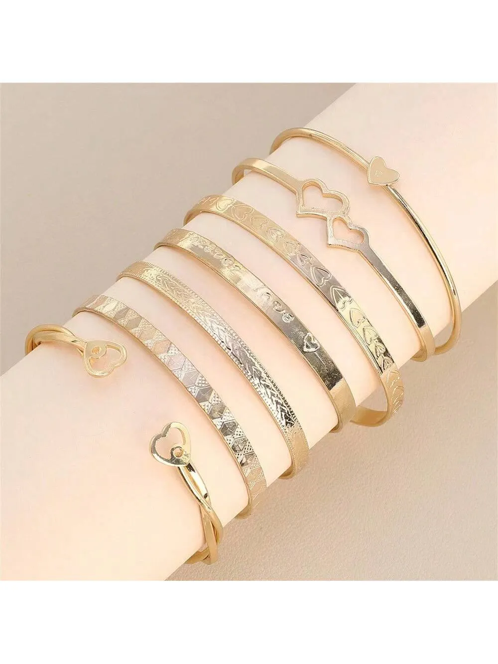 Fashionable Love Heart & Twisted Gold Tone Bangle Bracelets 7pcs/set