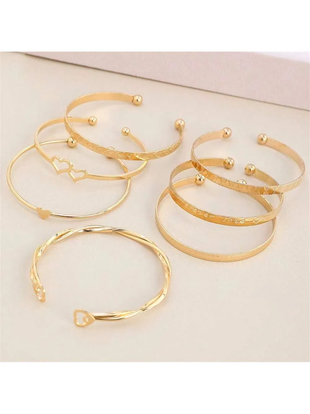 Fashionable Love Heart & Twisted Gold Tone Bangle Bracelets 7pcs/set