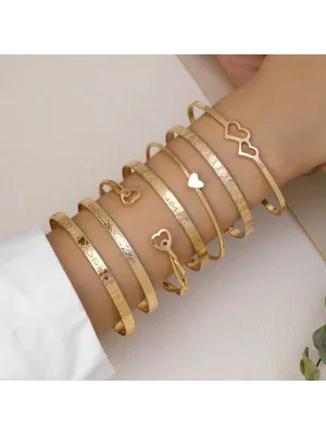 Fashionable Love Heart & Twisted Gold Tone Bangle Bracelets 7pcs/set