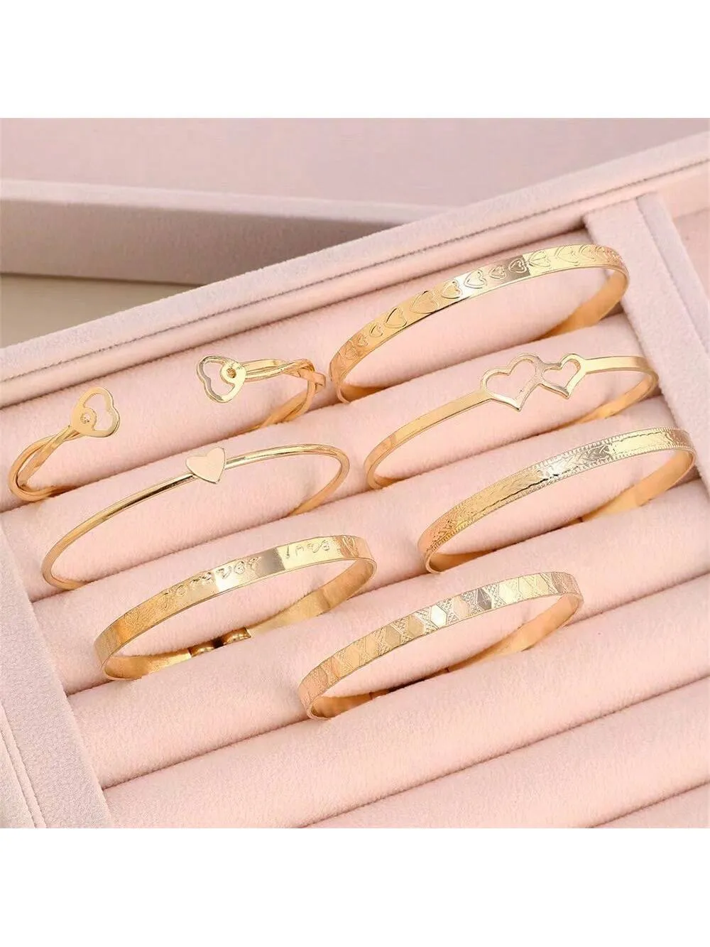 Fashionable Love Heart & Twisted Gold Tone Bangle Bracelets 7pcs/set