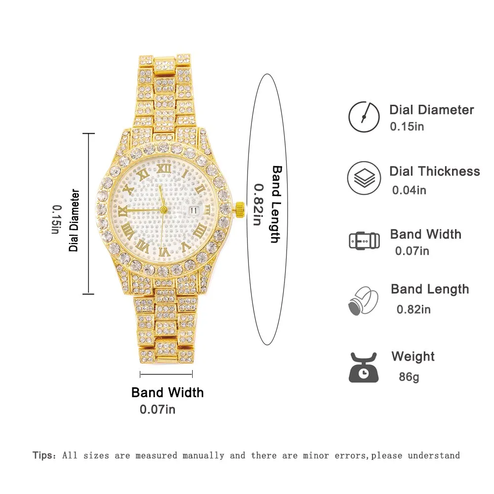 Iced Out Diamond Watch Quartz Gold Silver Color Micro  Stainless Steel Watch