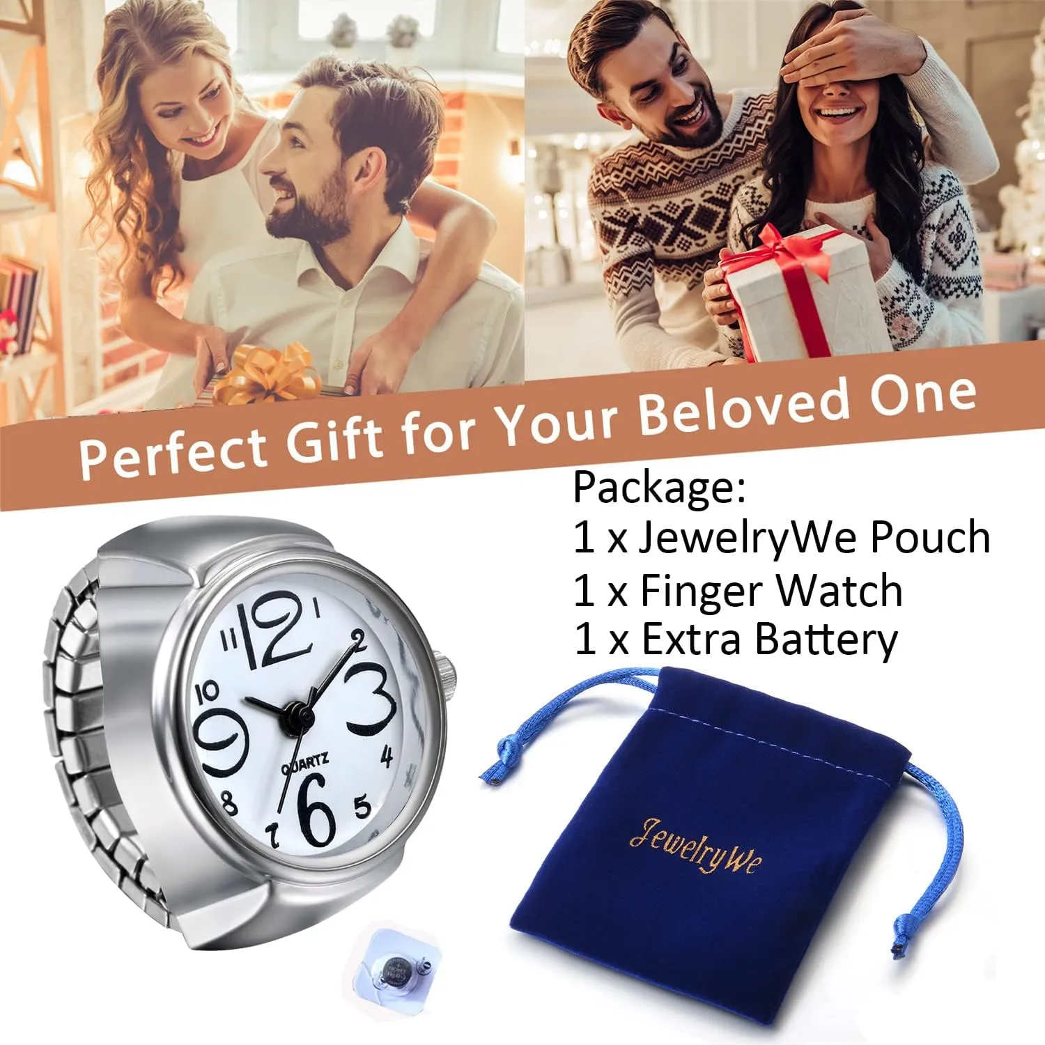 JewelryWe Men Women Finger Watch Creative Elastic Round Quartz Finger Ring Watches