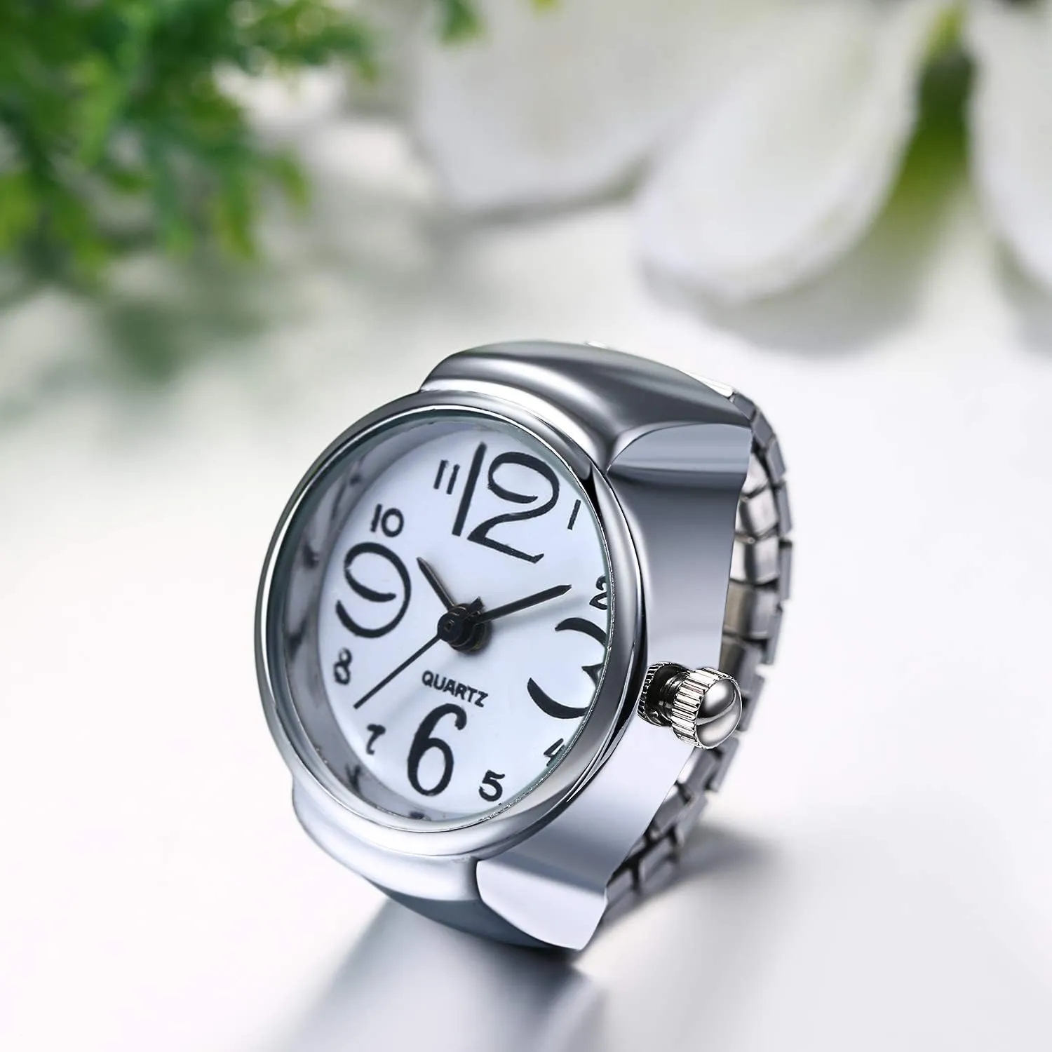 JewelryWe Men Women Finger Watch Creative Elastic Round Quartz Finger Ring Watches