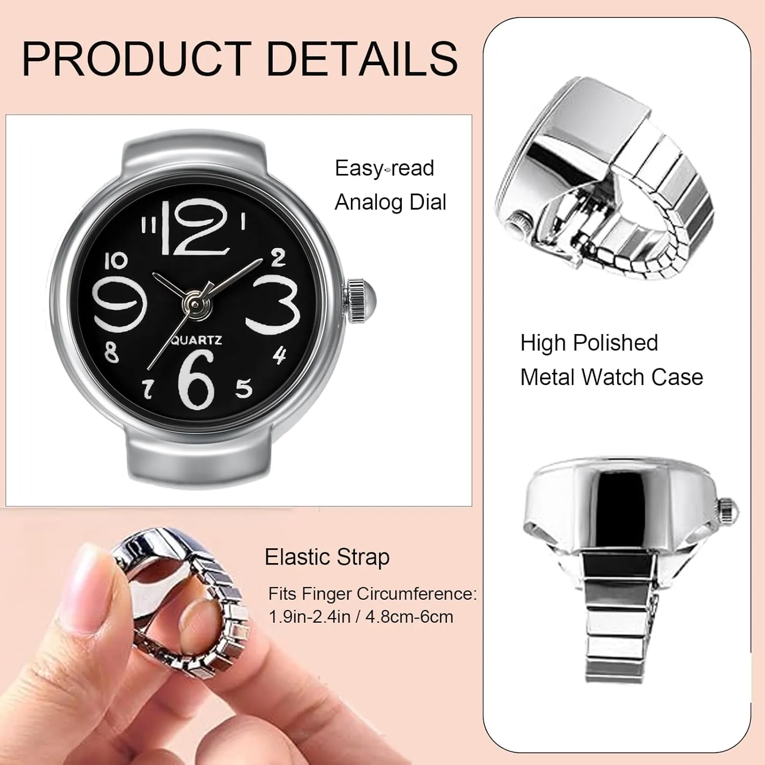 JewelryWe Men Women Finger Watch Creative Elastic Round Quartz Finger Ring Watches