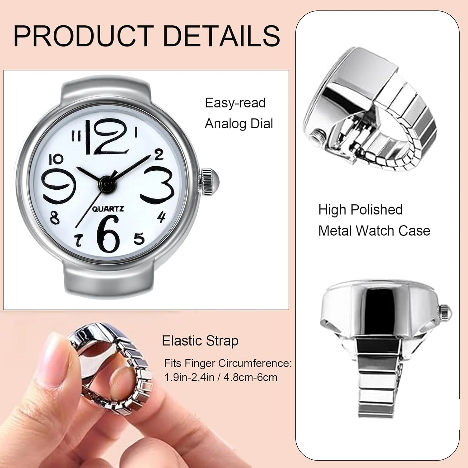 JewelryWe Men Women Finger Watch Creative Elastic Round Quartz Finger Ring Watches