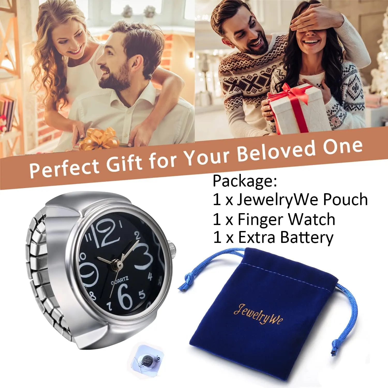 JewelryWe Men Women Finger Watch Creative Elastic Round Quartz Finger Ring Watches
