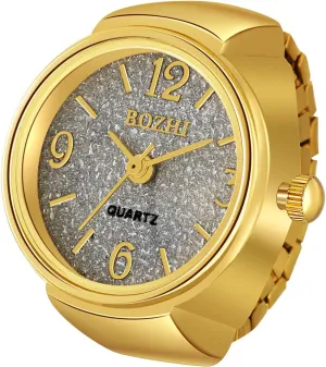 JewelryWe Men Women Finger Watch Gold-Silver Plated Elastic Watch Rings Glitter Round Dial Quartz Ring Watches,