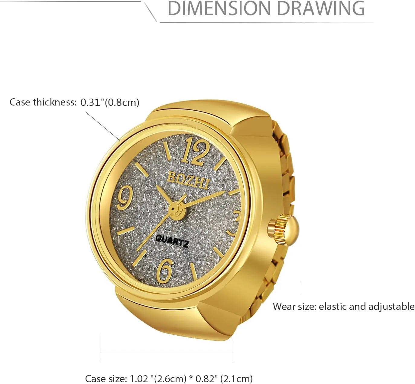JewelryWe Men Women Finger Watch Gold-Silver Plated Elastic Watch Rings Glitter Round Dial Quartz Ring Watches,