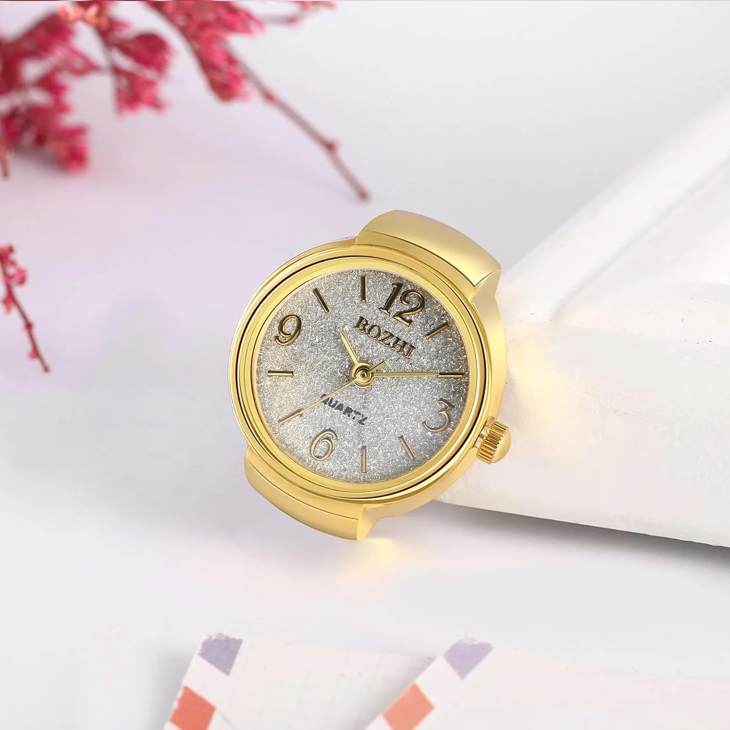JewelryWe Men Women Finger Watch Gold-Silver Plated Elastic Watch Rings Glitter Round Dial Quartz Ring Watches,