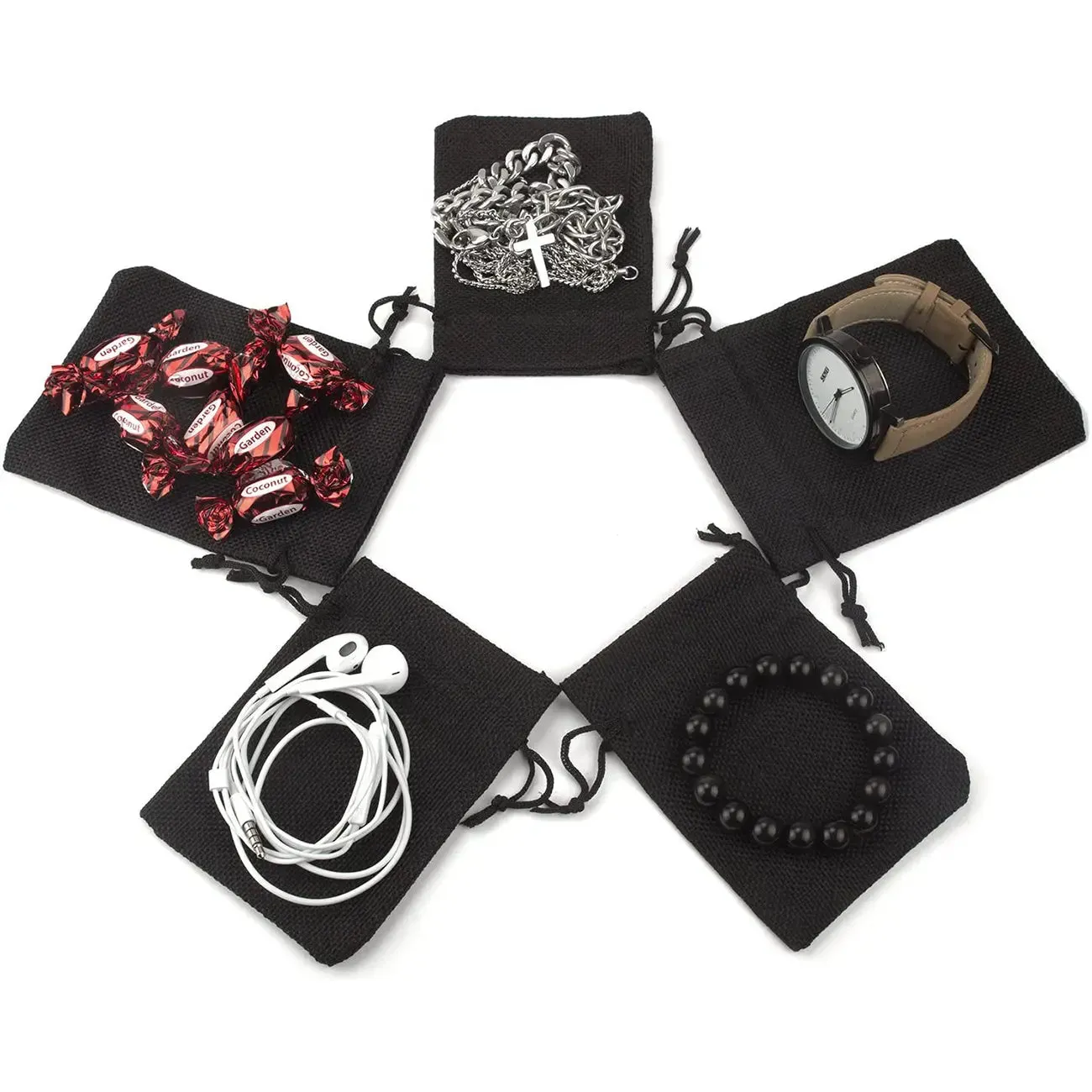 Jute Linen Pouches for Functions, Baby Showers, Candy Bags - Black