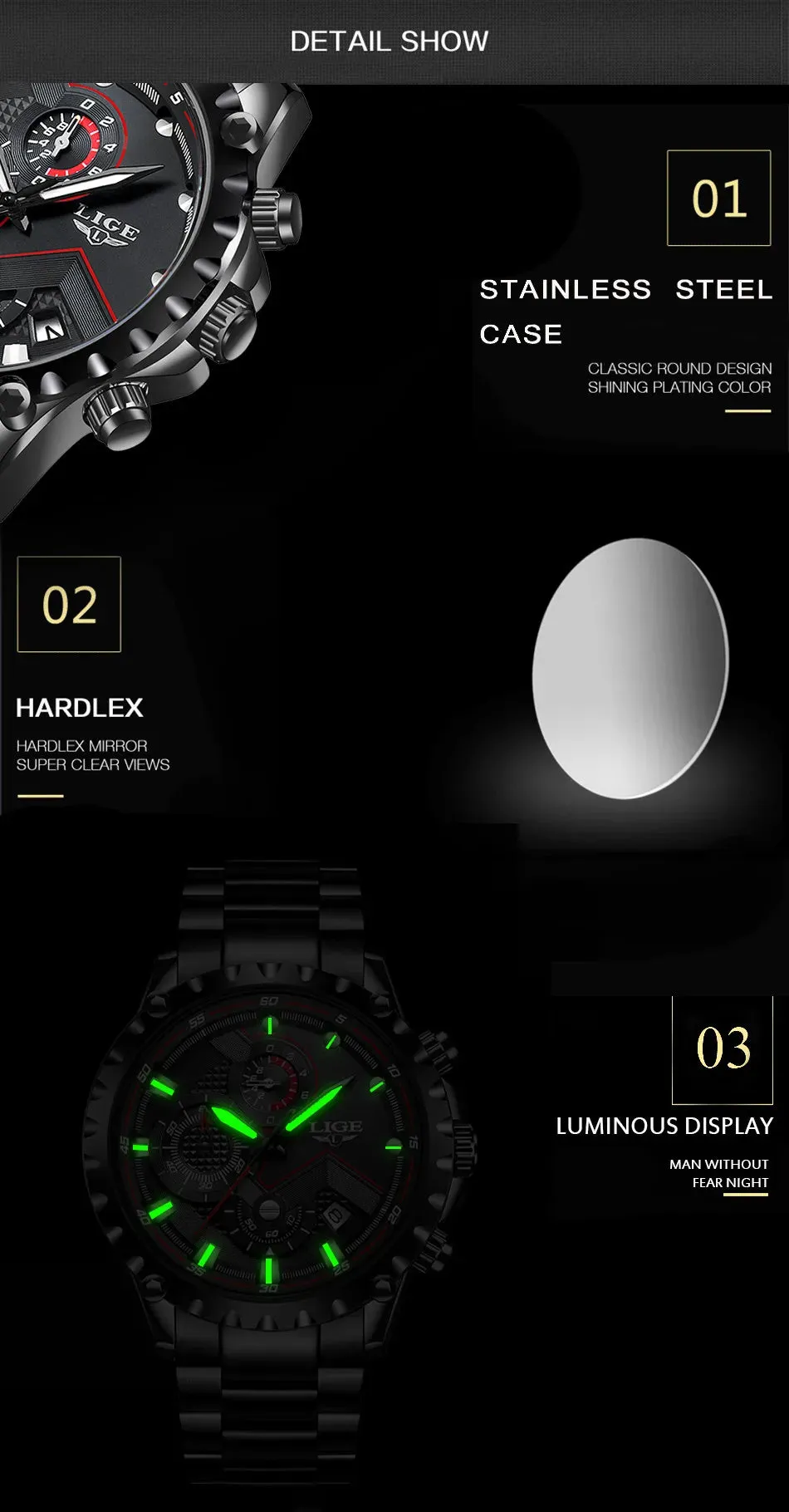 LIGE Men's Luxury Chronograph Watch - Fashionable, Waterproof, Stainless Steel